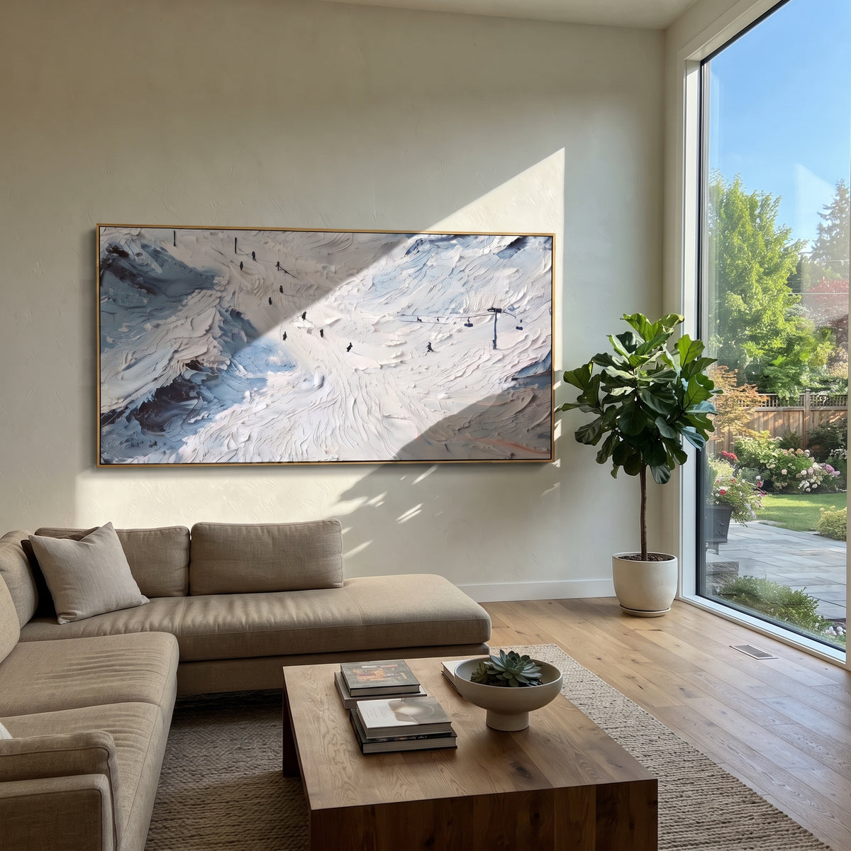 Winter Snow Basin focuses on layered snow ridges, visible ski marks, and a quiet pine border. The artwork shows a winter ski scene built from the actual image: visible downhill figures, curved snow tracks, raised ridgelines, and alpine space arranged in a wide composition. The white, black, gray palette gives the piece a cold mountain atmosphere while the thick impasto surface creates shadows along each snowbank, ski line, and textured ridge. This is presented as hand-painted textured canvas