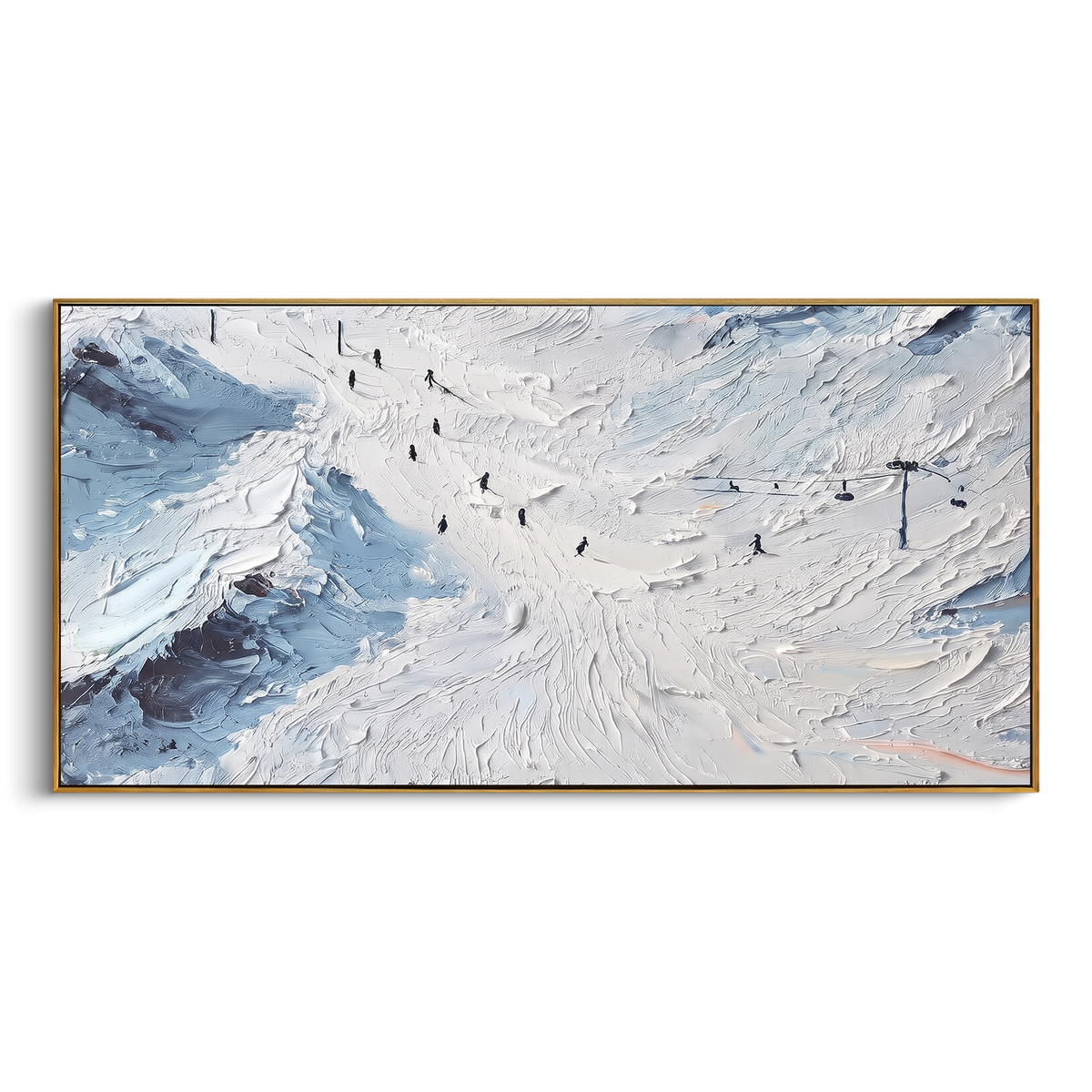 Winter Snow Basin focuses on layered snow ridges, visible ski marks, and a quiet pine border. The artwork shows a winter ski scene built from the actual image: visible downhill figures, curved snow tracks, raised ridgelines, and alpine space arranged in a wide composition. The white, black, gray palette gives the piece a cold mountain atmosphere while the thick impasto surface creates shadows along each snowbank, ski line, and textured ridge. This is presented as hand-painted textured canvas