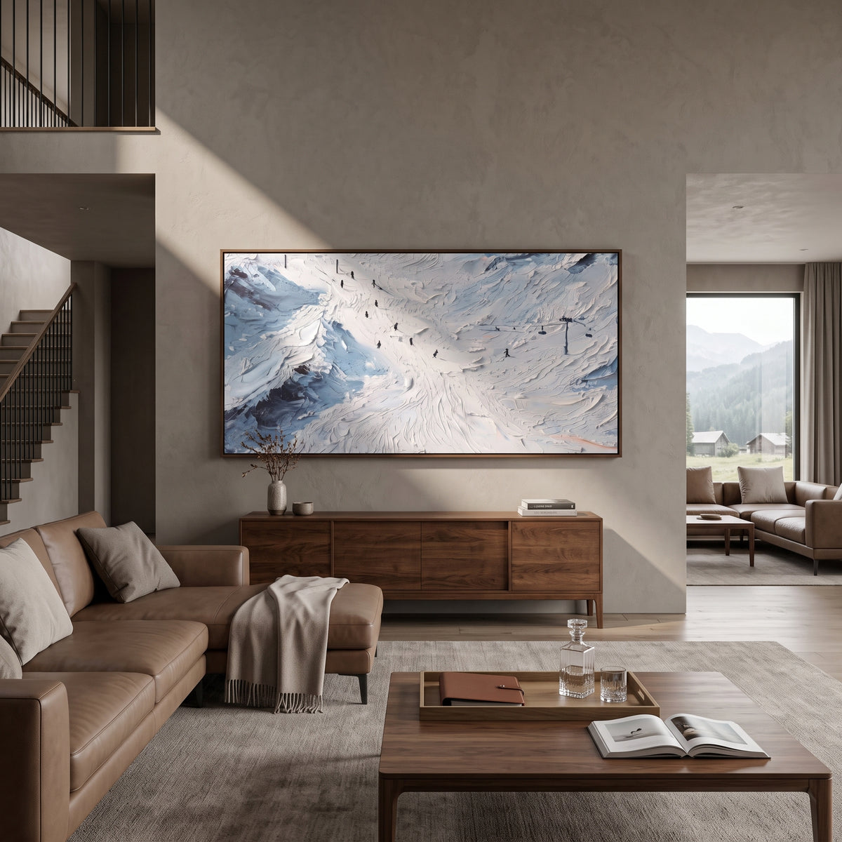 Winter Snow Basin focuses on layered snow ridges, visible ski marks, and a quiet pine border. The artwork shows a winter ski scene built from the actual image: visible downhill figures, curved snow tracks, raised ridgelines, and alpine space arranged in a wide composition. The white, black, gray palette gives the piece a cold mountain atmosphere while the thick impasto surface creates shadows along each snowbank, ski line, and textured ridge. This is presented as hand-painted textured canvas