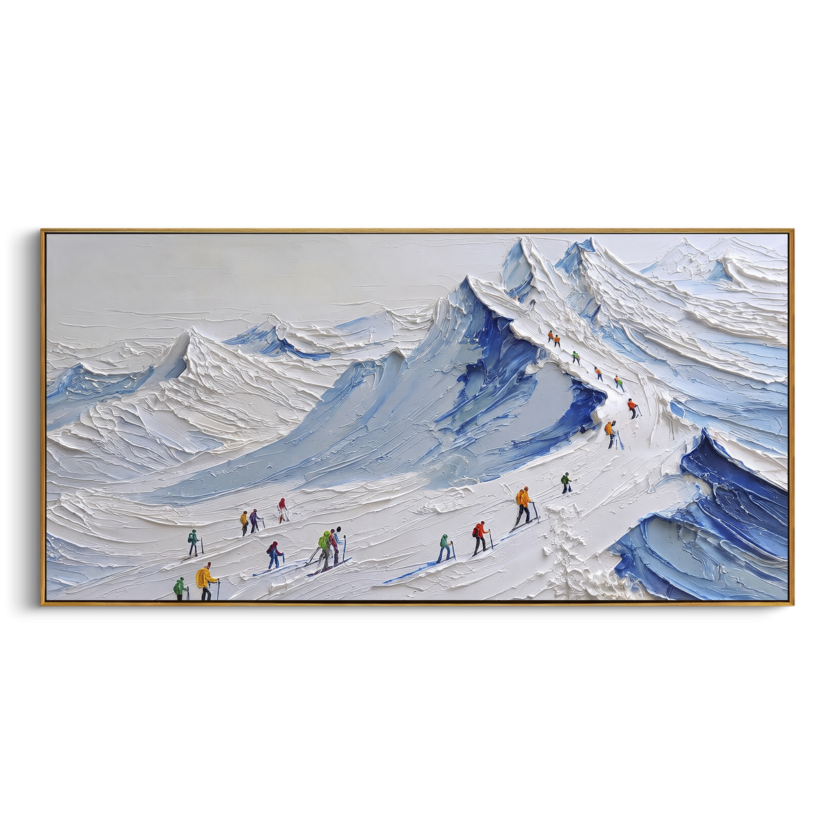 Blue Ridge Ski Queue focuses on a group of skiers lined along a blue mountain ridge before a bright alpine backdrop. The artwork shows a winter ski scene built from the actual image: visible downhill figures, curved snow tracks, raised ridgelines, and alpine space arranged in a wide composition. The blue, white, yellow palette gives the piece a cold mountain atmosphere while the thick impasto surface creates shadows along each snowbank, ski line, and textured ridge. This is presented as