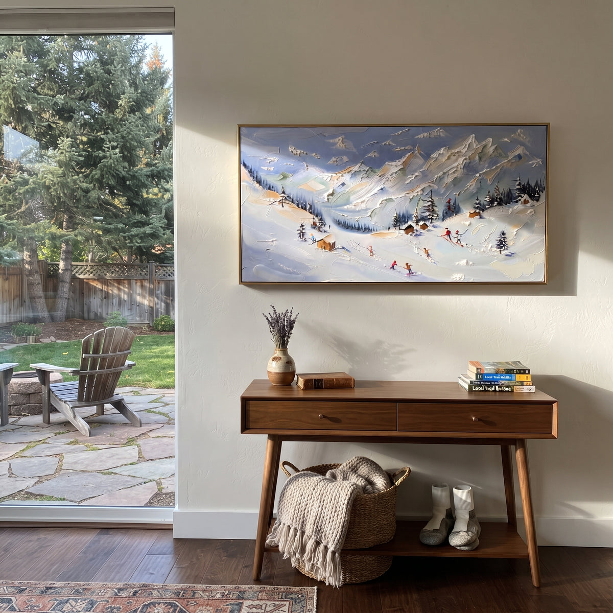 Sunlit Chalet Ski Valley focuses on a sunlit chalet valley with orange roofs, pines, white peaks, and scattered skiers. The artwork shows a winter ski scene built from the actual image: visible downhill figures, curved snow tracks, raised ridgelines, and alpine space arranged in a wide composition. The blue, orange, white palette gives the piece a cold mountain atmosphere while the thick impasto surface creates shadows along each snowbank, ski line, and textured ridge. This is presented as