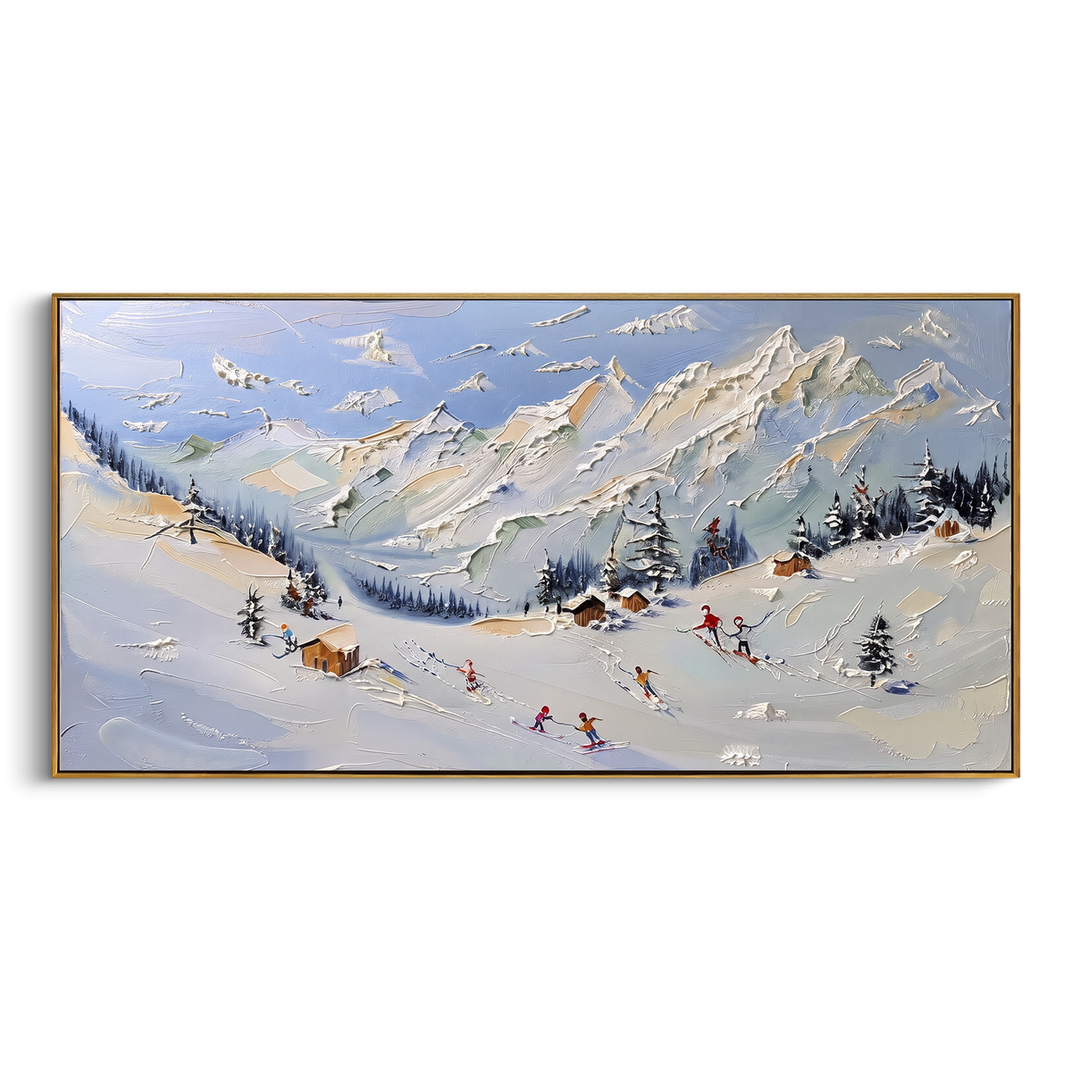 Sunlit Chalet Ski Valley focuses on a sunlit chalet valley with orange roofs, pines, white peaks, and scattered skiers. The artwork shows a winter ski scene built from the actual image: visible downhill figures, curved snow tracks, raised ridgelines, and alpine space arranged in a wide composition. The blue, orange, white palette gives the piece a cold mountain atmosphere while the thick impasto surface creates shadows along each snowbank, ski line, and textured ridge. This is presented as