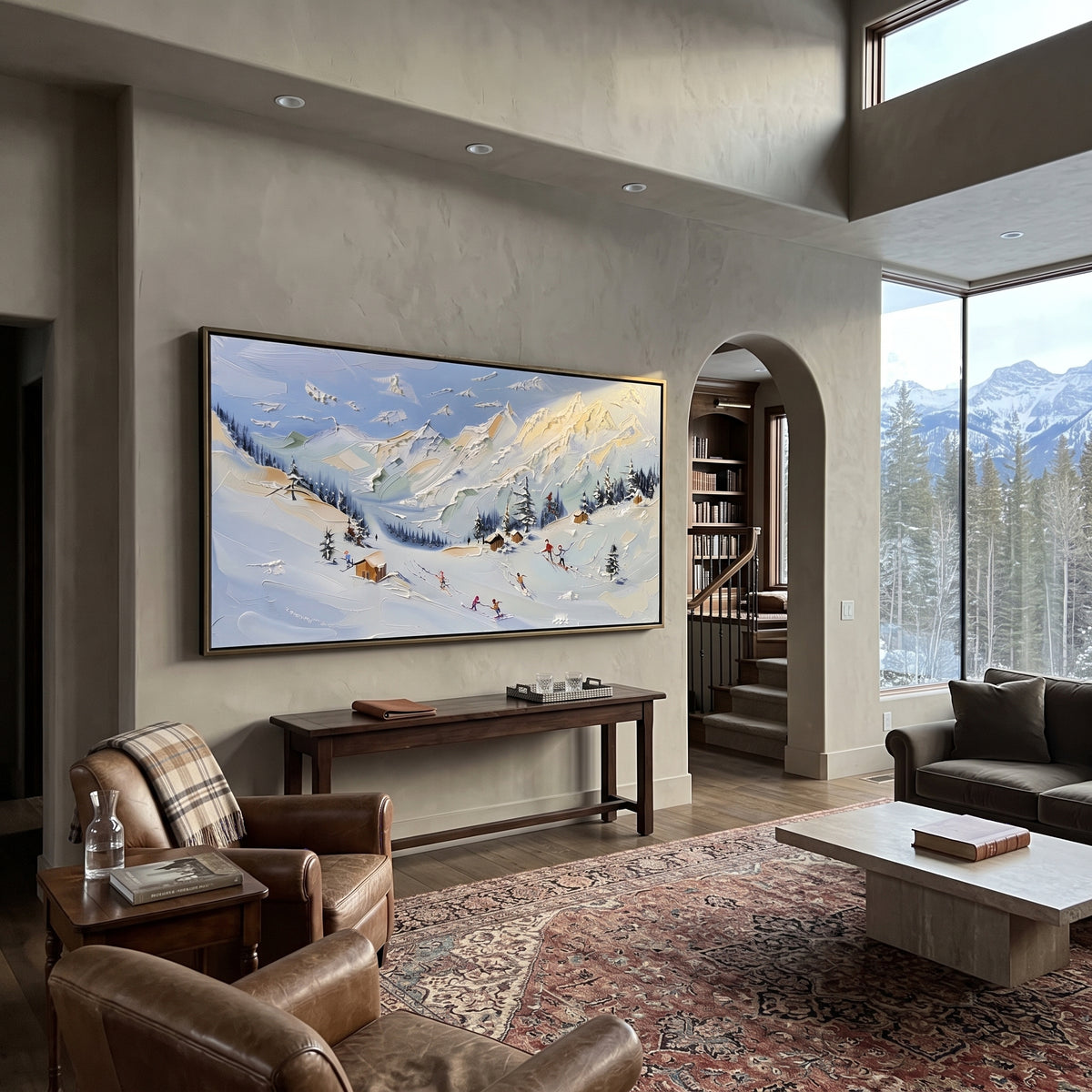 Sunlit Chalet Ski Valley focuses on a sunlit chalet valley with orange roofs, pines, white peaks, and scattered skiers. The artwork shows a winter ski scene built from the actual image: visible downhill figures, curved snow tracks, raised ridgelines, and alpine space arranged in a wide composition. The blue, orange, white palette gives the piece a cold mountain atmosphere while the thick impasto surface creates shadows along each snowbank, ski line, and textured ridge. This is presented as