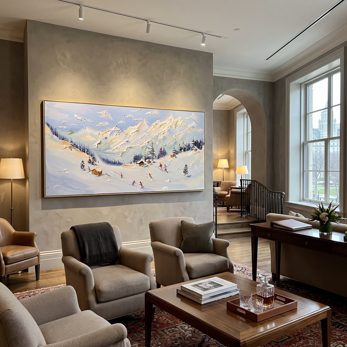 Sunlit Chalet Ski Valley focuses on a sunlit chalet valley with orange roofs, pines, white peaks, and scattered skiers. The artwork shows a winter ski scene built from the actual image: visible downhill figures, curved snow tracks, raised ridgelines, and alpine space arranged in a wide composition. The blue, orange, white palette gives the piece a cold mountain atmosphere while the thick impasto surface creates shadows along each snowbank, ski line, and textured ridge. This is presented as