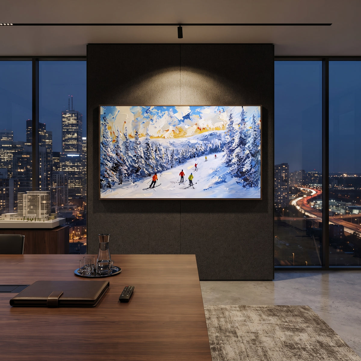 Blue Snow Waves Skiers focuses on a line of skiers threading through rolling blue and white snow waves. The artwork shows a winter ski scene built from the actual image: visible downhill figures, curved snow tracks, raised ridgelines, and alpine space arranged in a wide composition. The blue, white, gray palette gives the piece a cold mountain atmosphere while the thick impasto surface creates shadows along each snowbank, ski line, and textured ridge. This is presented as hand-painted textured