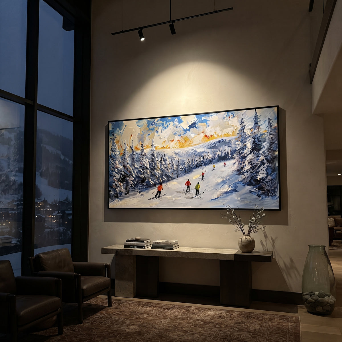 Blue Snow Waves Skiers focuses on a line of skiers threading through rolling blue and white snow waves. The artwork shows a winter ski scene built from the actual image: visible downhill figures, curved snow tracks, raised ridgelines, and alpine space arranged in a wide composition. The blue, white, gray palette gives the piece a cold mountain atmosphere while the thick impasto surface creates shadows along each snowbank, ski line, and textured ridge. This is presented as hand-painted textured