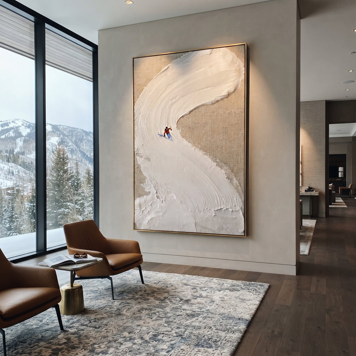 Curved Snowbank Skiers focuses on two tiny skiers tucked against a sweeping sculpted snowbank on taupe ground. The artwork shows a winter ski scene built from the actual image: visible downhill figures, curved snow tracks, raised ridgelines, and alpine space arranged in a tall composition. The white, gray, red palette gives the piece a cold mountain atmosphere while the thick impasto surface creates shadows along each snowbank, ski line, and textured ridge. This is presented as hand-painted