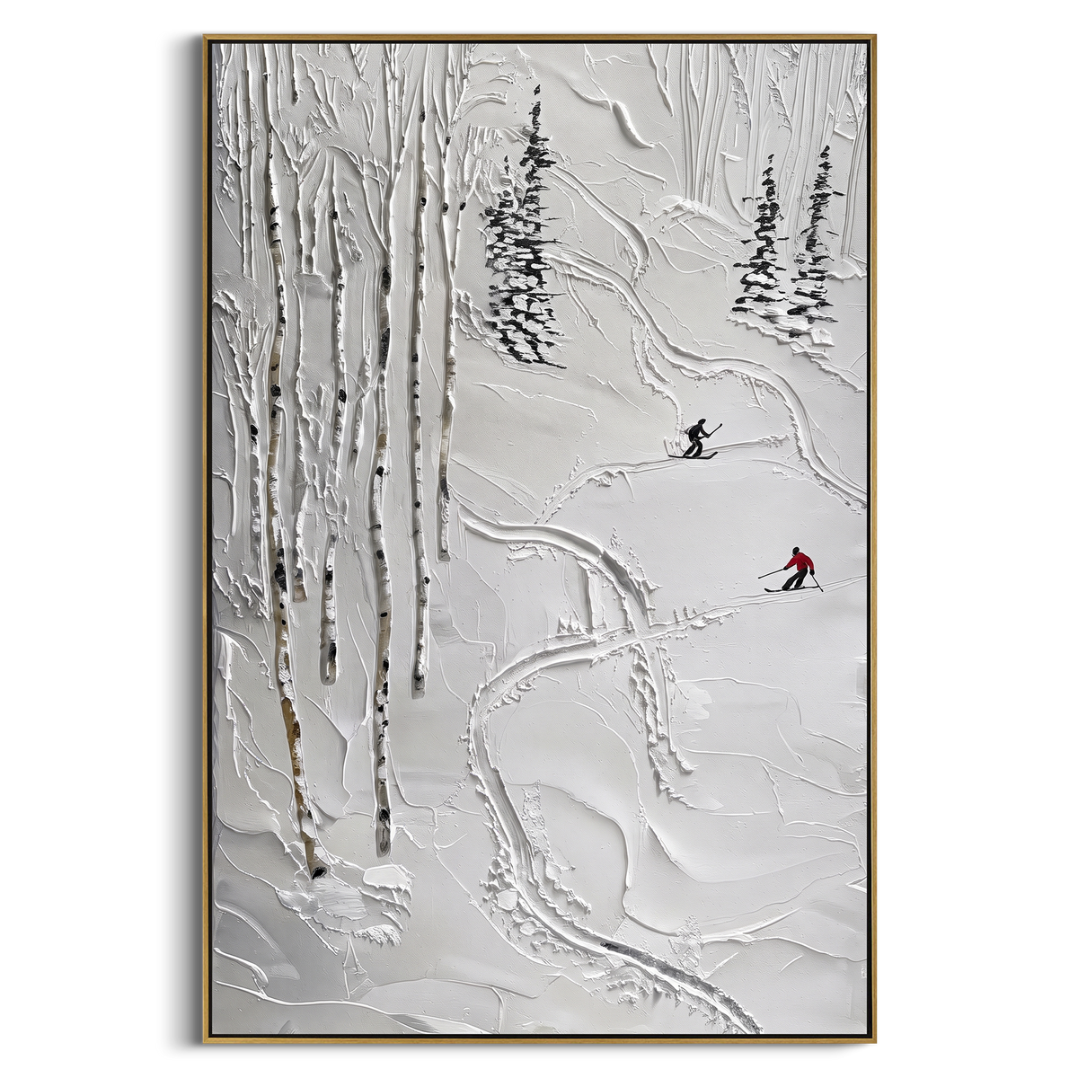 Carved Texture Run focuses on layered snow ridges, visible ski marks, and a quiet pine border. The artwork shows a winter ski scene built from the actual image: visible downhill figures, curved snow tracks, raised ridgelines, and alpine space arranged in a tall composition. The blue, white, orange palette gives the piece a cold mountain atmosphere while the thick impasto surface creates shadows along each snowbank, ski line, and textured ridge. This is presented as hand-painted textured canvas