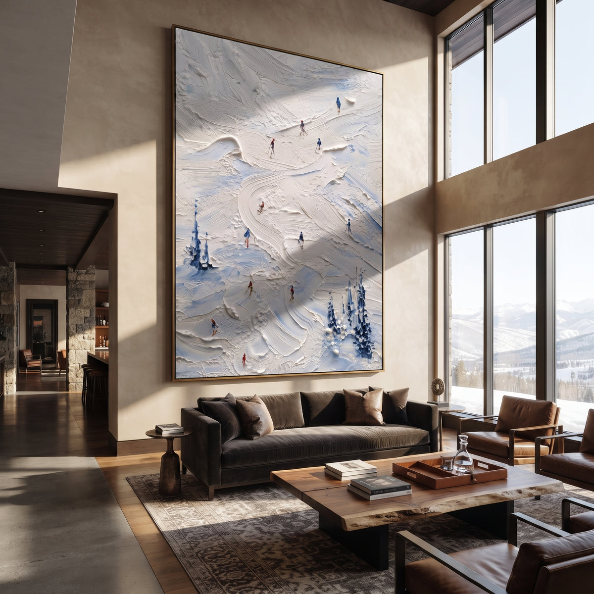 Silver Powder Path focuses on a busy resort slope with many tiny figures following separate downhill lines. The artwork shows a winter ski scene built from the actual image: visible downhill figures, curved snow tracks, raised ridgelines, and alpine space arranged in a tall composition. The white, green, blue palette gives the piece a cold mountain atmosphere while the thick impasto surface creates shadows along each snowbank, ski line, and textured ridge. This is presented as hand-painted