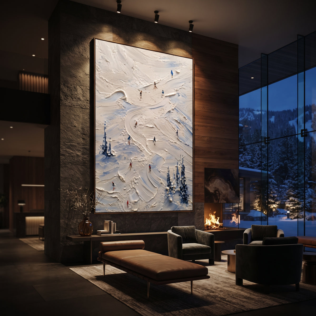 Silver Powder Path focuses on a busy resort slope with many tiny figures following separate downhill lines. The artwork shows a winter ski scene built from the actual image: visible downhill figures, curved snow tracks, raised ridgelines, and alpine space arranged in a tall composition. The white, green, blue palette gives the piece a cold mountain atmosphere while the thick impasto surface creates shadows along each snowbank, ski line, and textured ridge. This is presented as hand-painted