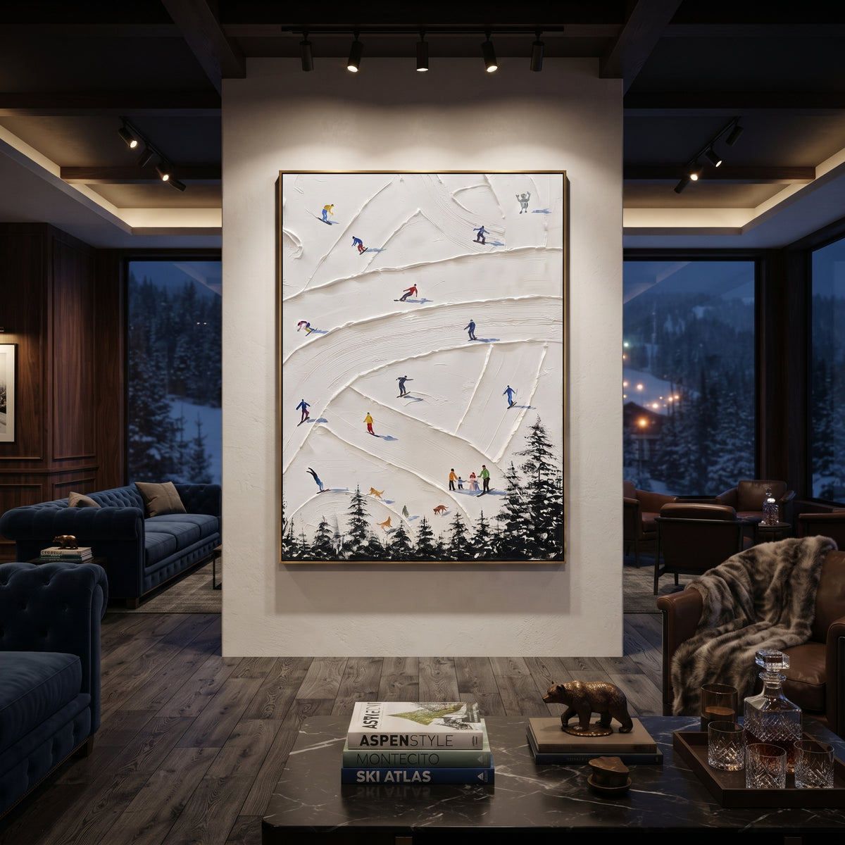 North Ski Valley focuses on a high alpine trail where tiny figures pass between textured snowbanks. The artwork shows a winter ski scene built from the actual image: visible downhill figures, curved snow tracks, raised ridgelines, and alpine space arranged in a tall composition. The white, black, gray palette gives the piece a cold mountain atmosphere while the thick impasto surface creates shadows along each snowbank, ski line, and textured ridge. This is presented as hand-painted textured