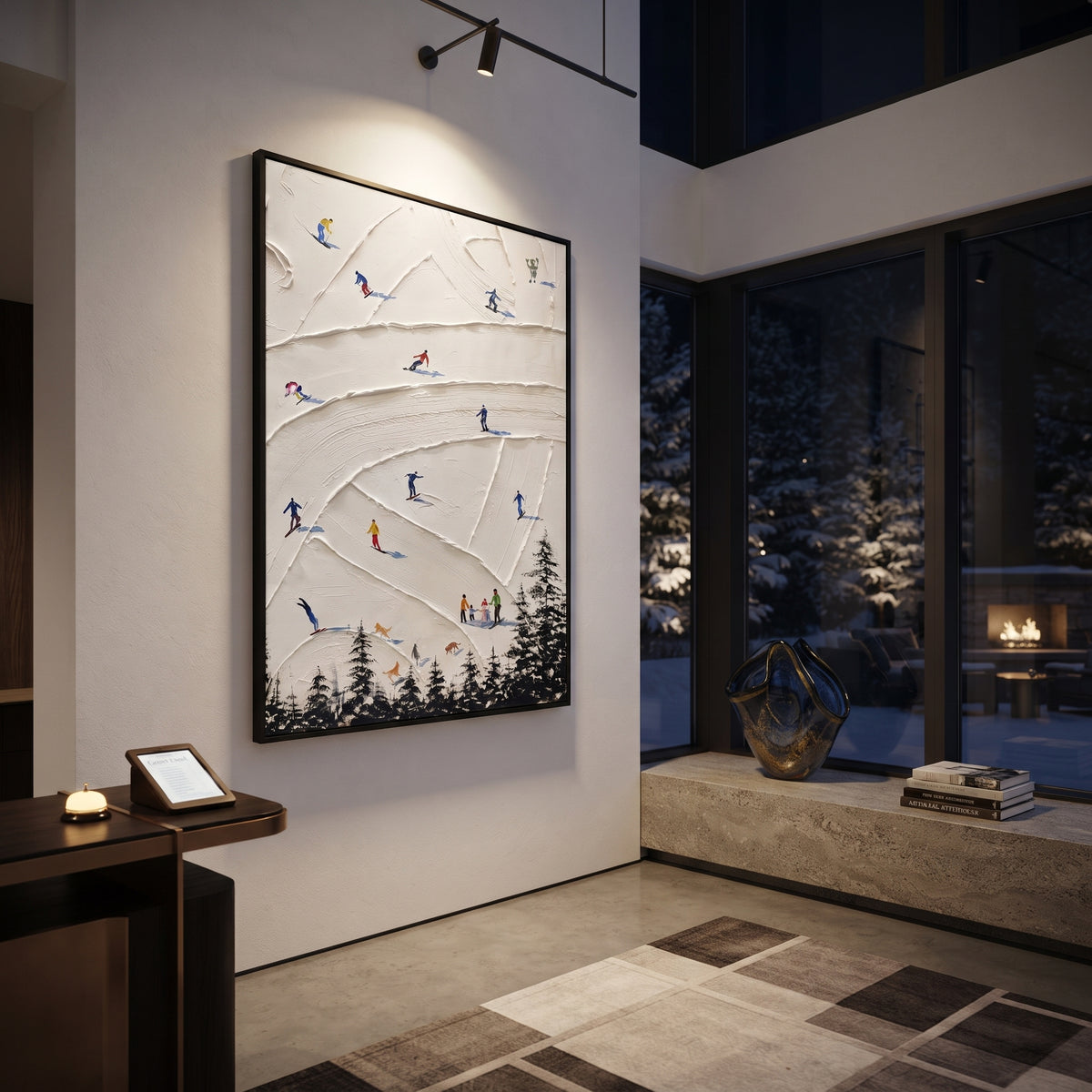 North Ski Valley focuses on a high alpine trail where tiny figures pass between textured snowbanks. The artwork shows a winter ski scene built from the actual image: visible downhill figures, curved snow tracks, raised ridgelines, and alpine space arranged in a tall composition. The white, black, gray palette gives the piece a cold mountain atmosphere while the thick impasto surface creates shadows along each snowbank, ski line, and textured ridge. This is presented as hand-painted textured