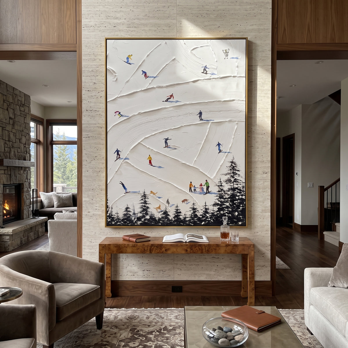 North Ski Valley focuses on a high alpine trail where tiny figures pass between textured snowbanks. The artwork shows a winter ski scene built from the actual image: visible downhill figures, curved snow tracks, raised ridgelines, and alpine space arranged in a tall composition. The white, black, gray palette gives the piece a cold mountain atmosphere while the thick impasto surface creates shadows along each snowbank, ski line, and textured ridge. This is presented as hand-painted textured
