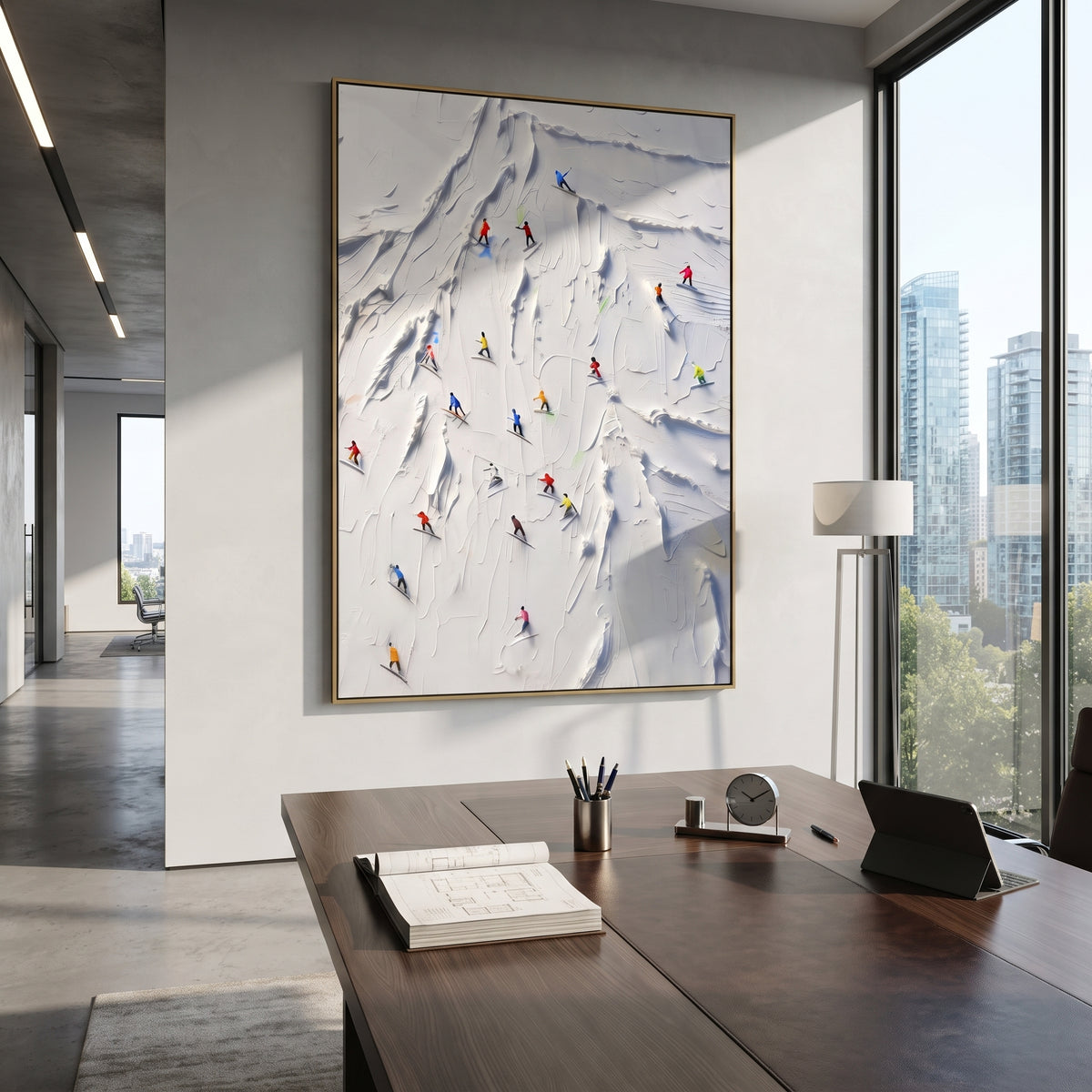 Cold Skiers focuses on tiny red, blue, and yellow skiers scattered across a sculpted alpine slope. The artwork shows a winter ski scene built from the actual image: visible downhill figures, curved snow tracks, raised ridgelines, and alpine space arranged in a tall composition. The white, beige, blue palette gives the piece a cold mountain atmosphere while the thick impasto surface creates shadows along each snowbank, ski line, and textured ridge. This is presented as hand-painted textured