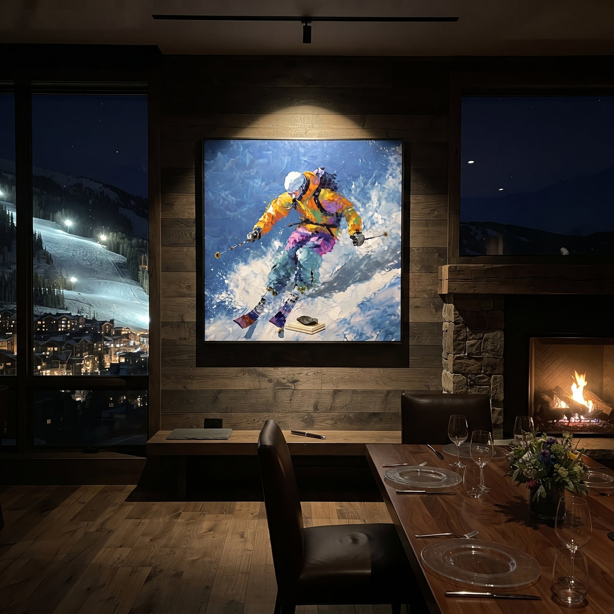 Yellow Jacket Jump Skier focuses on a yellow jacket skier launching through bright blue powder with skis lifted forward. The artwork shows a winter ski scene built from the actual image: visible downhill figures, curved snow tracks, raised ridgelines, and alpine space arranged in a balanced composition. The yellow, blue, white palette gives the piece a cold mountain atmosphere while the thick impasto surface creates shadows along each snowbank, ski line, and textured ridge. This is presented as