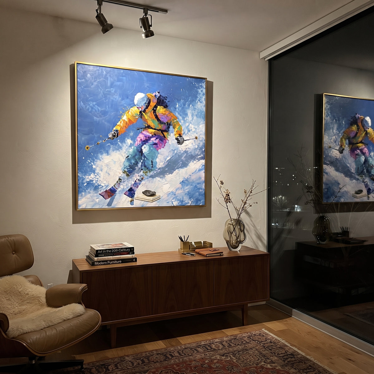 Yellow Jacket Jump Skier focuses on a yellow jacket skier launching through bright blue powder with skis lifted forward. The artwork shows a winter ski scene built from the actual image: visible downhill figures, curved snow tracks, raised ridgelines, and alpine space arranged in a balanced composition. The yellow, blue, white palette gives the piece a cold mountain atmosphere while the thick impasto surface creates shadows along each snowbank, ski line, and textured ridge. This is presented as