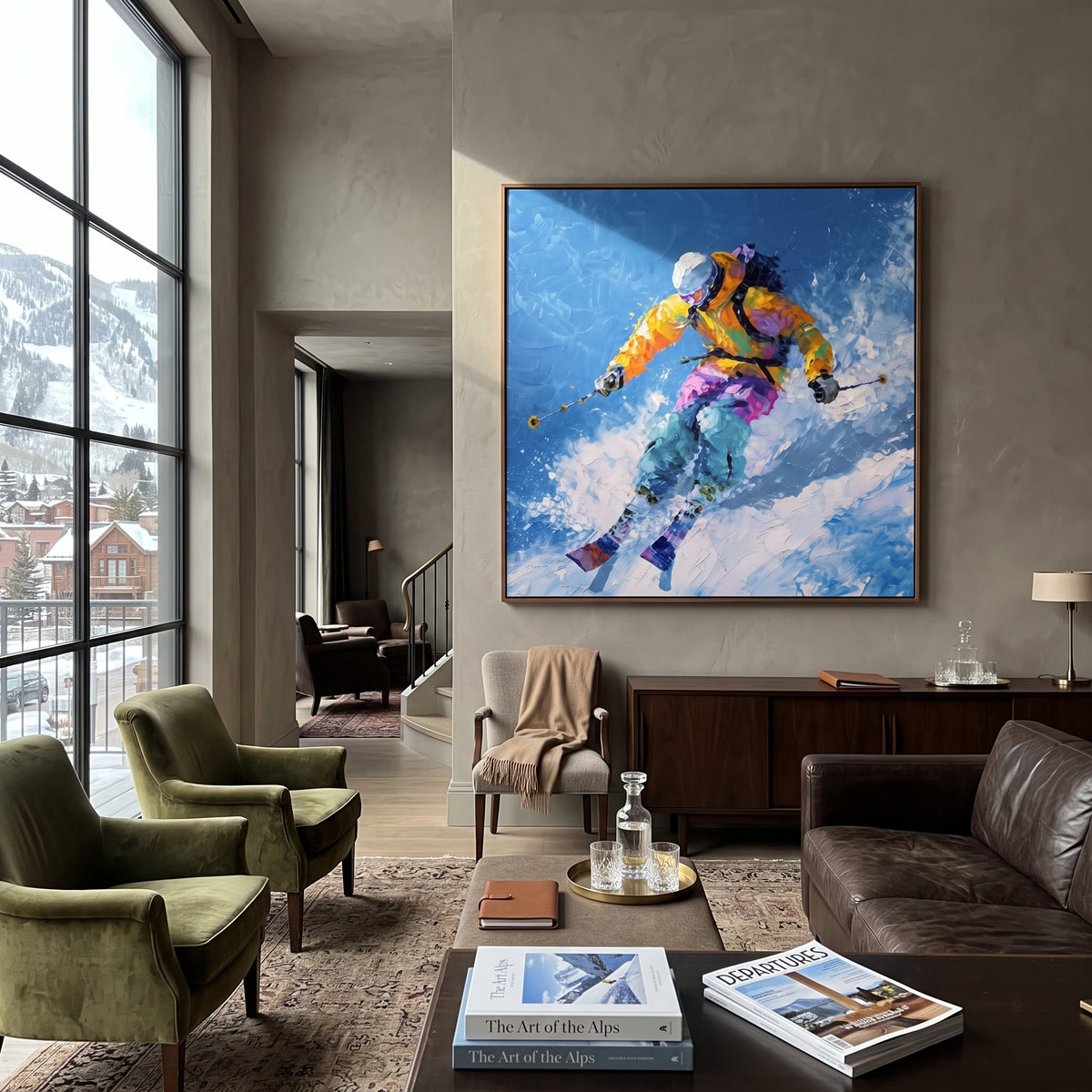 Yellow Jacket Jump Skier focuses on a yellow jacket skier launching through bright blue powder with skis lifted forward. The artwork shows a winter ski scene built from the actual image: visible downhill figures, curved snow tracks, raised ridgelines, and alpine space arranged in a balanced composition. The yellow, blue, white palette gives the piece a cold mountain atmosphere while the thick impasto surface creates shadows along each snowbank, ski line, and textured ridge. This is presented as