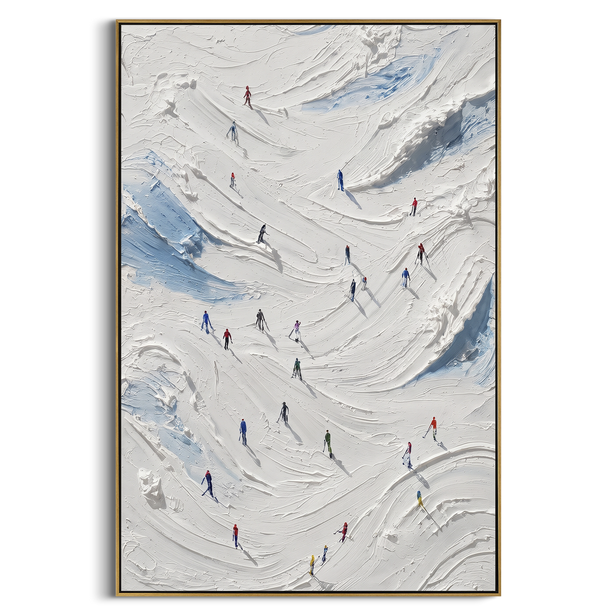Birch Alpine Descent focuses on a busy resort slope with many tiny figures following separate downhill lines. The artwork shows a winter ski scene built from the actual image: visible downhill figures, curved snow tracks, raised ridgelines, and alpine space arranged in a tall composition. The white, blue, gray palette gives the piece a cold mountain atmosphere while the thick impasto surface creates shadows along each snowbank, ski line, and textured ridge. This is presented as hand-painted