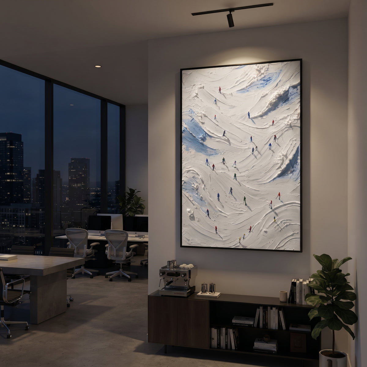 Birch Alpine Descent focuses on a busy resort slope with many tiny figures following separate downhill lines. The artwork shows a winter ski scene built from the actual image: visible downhill figures, curved snow tracks, raised ridgelines, and alpine space arranged in a tall composition. The white, blue, gray palette gives the piece a cold mountain atmosphere while the thick impasto surface creates shadows along each snowbank, ski line, and textured ridge. This is presented as hand-painted