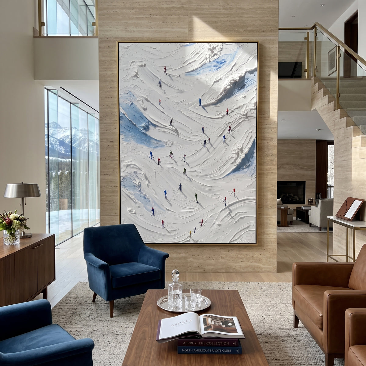 Birch Alpine Descent focuses on a busy resort slope with many tiny figures following separate downhill lines. The artwork shows a winter ski scene built from the actual image: visible downhill figures, curved snow tracks, raised ridgelines, and alpine space arranged in a tall composition. The white, blue, gray palette gives the piece a cold mountain atmosphere while the thick impasto surface creates shadows along each snowbank, ski line, and textured ridge. This is presented as hand-painted