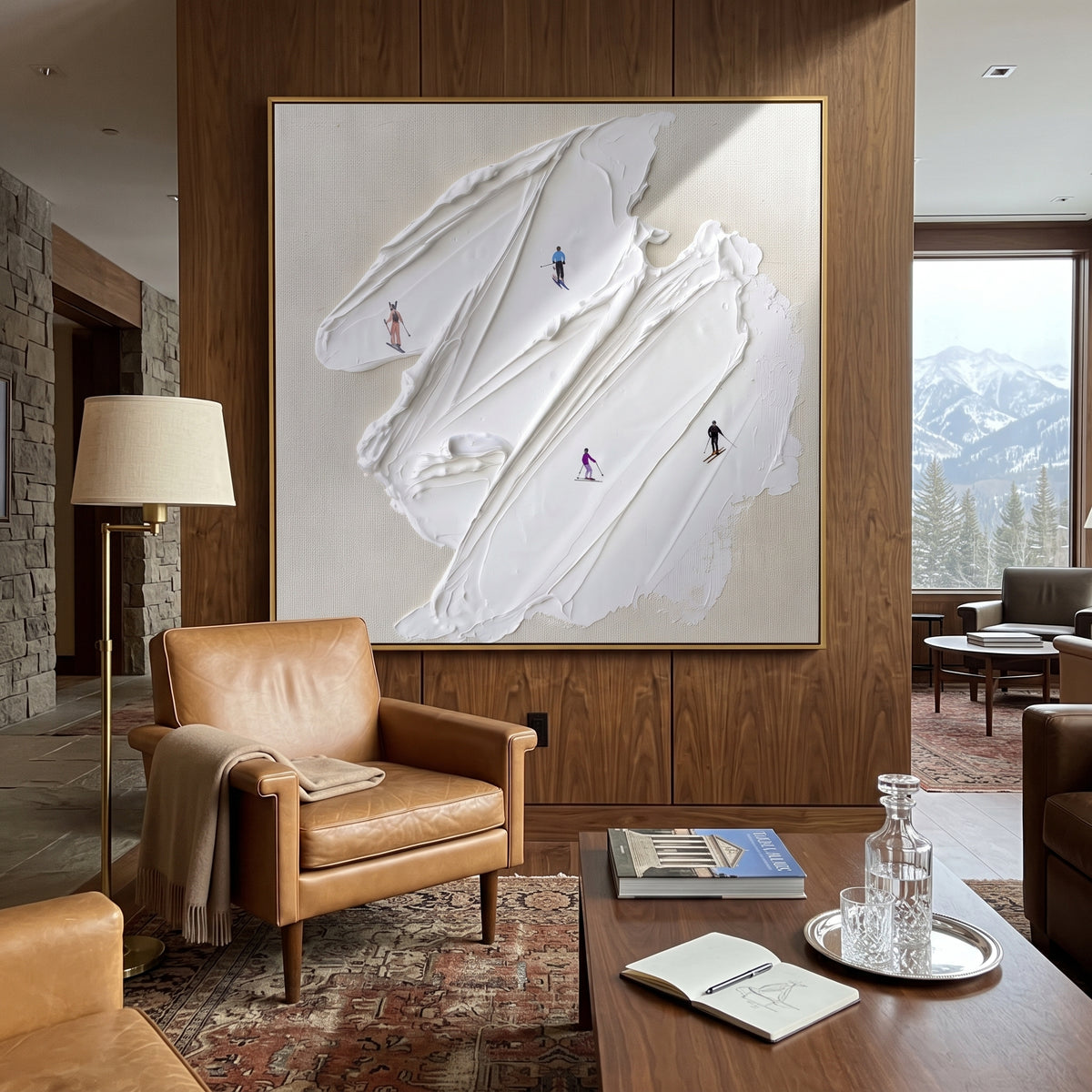 Valley Texture Run focuses on a high alpine trail where tiny figures pass between textured snowbanks. The artwork shows a winter ski scene built from the actual image: visible downhill figures, curved snow tracks, raised ridgelines, and alpine space arranged in a balanced composition. The white, gray, blue palette gives the piece a cold mountain atmosphere while the thick impasto surface creates shadows along each snowbank, ski line, and textured ridge. This is presented as hand-painted textured