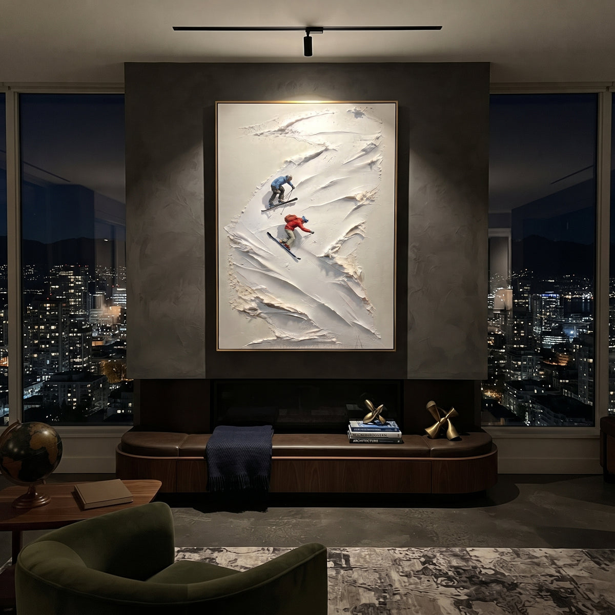 Highland Ridge Skiers focuses on tiny red, blue, and yellow skiers scattered across a sculpted alpine slope. The artwork shows a winter ski scene built from the actual image: visible downhill figures, curved snow tracks, raised ridgelines, and alpine space arranged in a tall composition. The white, green, blue palette gives the piece a cold mountain atmosphere while the thick impasto surface creates shadows along each snowbank, ski line, and textured ridge. This is presented as hand-painted