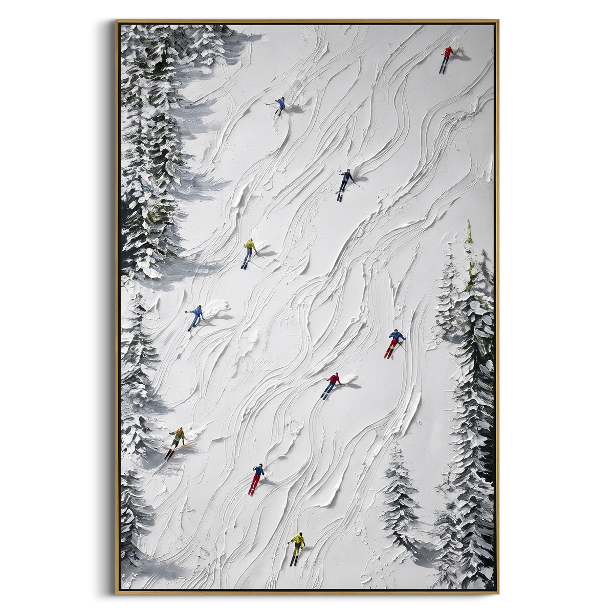 Crisp Winter Slope focuses on a forest-framed ski descent with clustered pines and winding carved tracks. The artwork shows a winter ski scene built from the actual image: visible downhill figures, curved snow tracks, raised ridgelines, and alpine space arranged in a tall composition. The white, green, blue palette gives the piece a cold mountain atmosphere while the thick impasto surface creates shadows along each snowbank, ski line, and textured ridge. This is presented as hand-painted