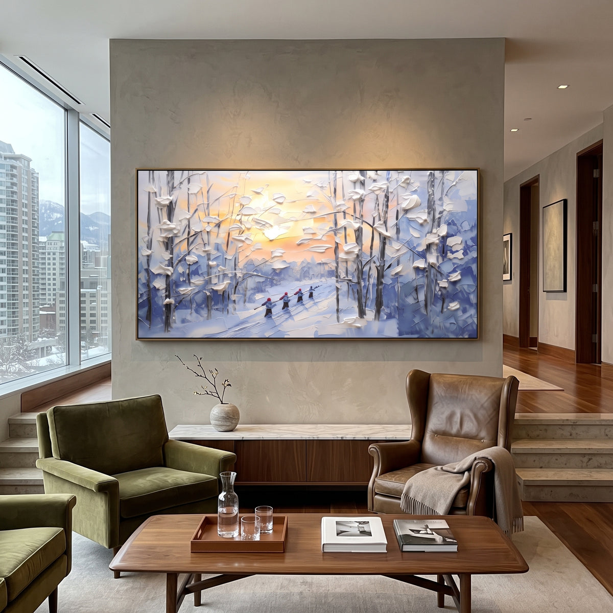 Red Ridge Resort Slopes focuses on red marked mountain ridges, snowy pines, and tiny skiers on a bright resort slope. The artwork shows a winter ski scene built from the actual image: visible downhill figures, curved snow tracks, raised ridgelines, and alpine space arranged in a wide composition. The red, blue, white palette gives the piece a cold mountain atmosphere while the thick impasto surface creates shadows along each snowbank, ski line, and textured ridge. This is presented as