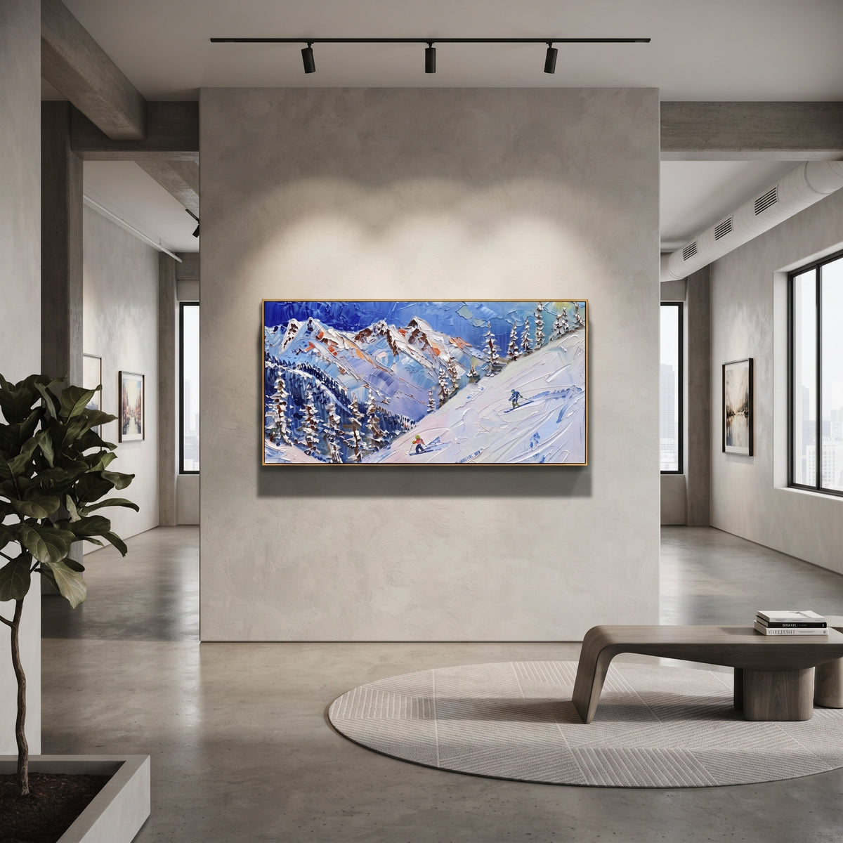 Crowded Peak Ski Resort focuses on many colorful skiers crossing a wide resort basin below repeating blue peaks. The artwork shows a winter ski scene built from the actual image: visible downhill figures, curved snow tracks, raised ridgelines, and alpine space arranged in a wide composition. The blue, white, yellow palette gives the piece a cold mountain atmosphere while the thick impasto surface creates shadows along each snowbank, ski line, and textured ridge. This is presented as hand-painted