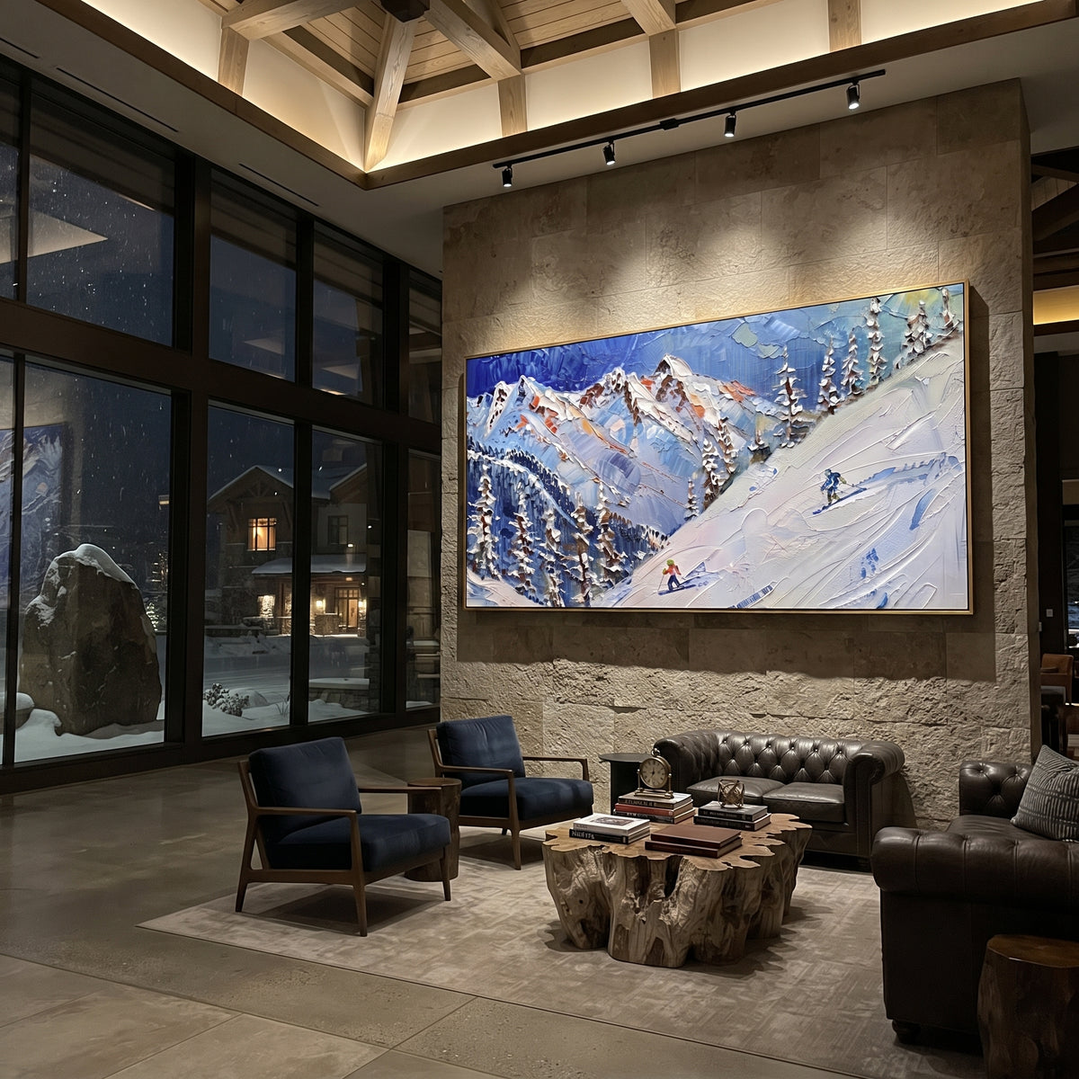 Crowded Peak Ski Resort focuses on many colorful skiers crossing a wide resort basin below repeating blue peaks. The artwork shows a winter ski scene built from the actual image: visible downhill figures, curved snow tracks, raised ridgelines, and alpine space arranged in a wide composition. The blue, white, yellow palette gives the piece a cold mountain atmosphere while the thick impasto surface creates shadows along each snowbank, ski line, and textured ridge. This is presented as hand-painted