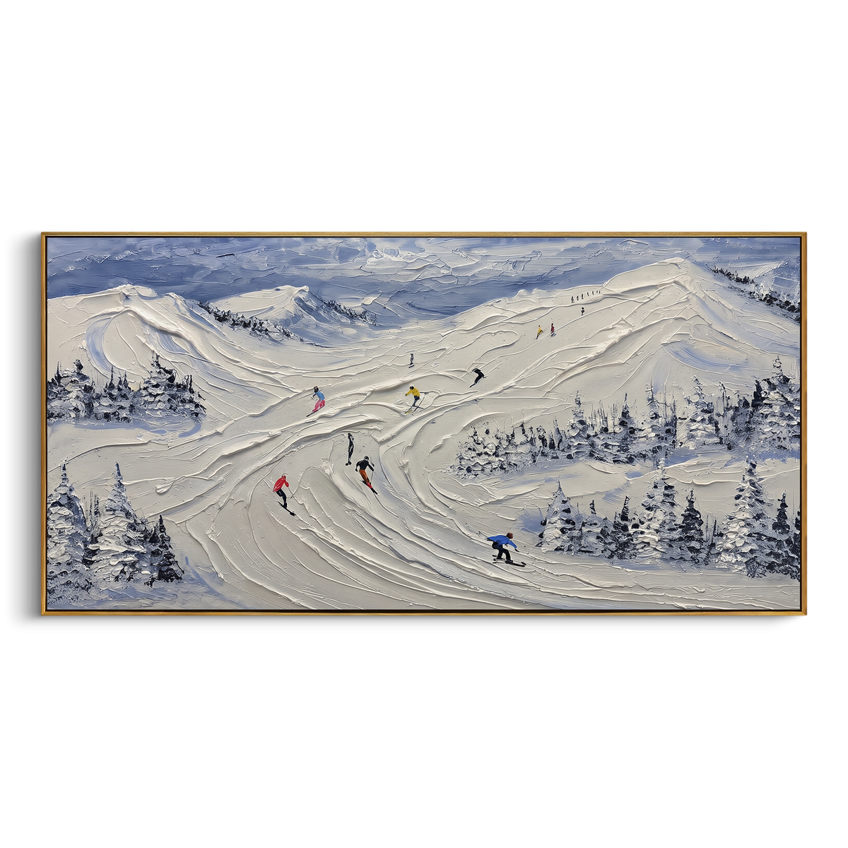 Fresh Alpine Descent focuses on colored skiers crossing raised white snow tracks between dark pine edges. The artwork shows a winter ski scene built from the actual image: visible downhill figures, curved snow tracks, raised ridgelines, and alpine space arranged in a wide composition. The white, green, blue palette gives the piece a cold mountain atmosphere while the thick impasto surface creates shadows along each snowbank, ski line, and textured ridge. This is presented as hand-painted