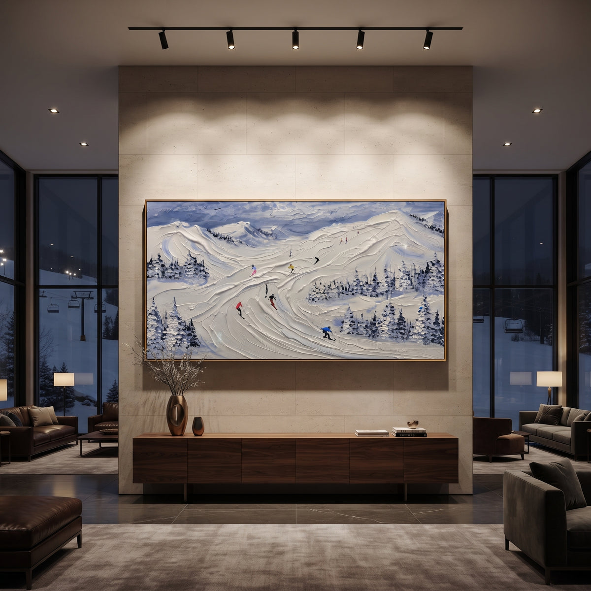 Fresh Alpine Descent focuses on colored skiers crossing raised white snow tracks between dark pine edges. The artwork shows a winter ski scene built from the actual image: visible downhill figures, curved snow tracks, raised ridgelines, and alpine space arranged in a wide composition. The white, green, blue palette gives the piece a cold mountain atmosphere while the thick impasto surface creates shadows along each snowbank, ski line, and textured ridge. This is presented as hand-painted