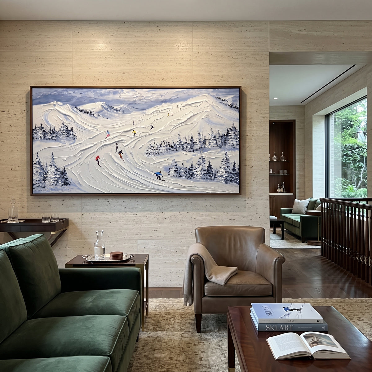 Fresh Alpine Descent focuses on colored skiers crossing raised white snow tracks between dark pine edges. The artwork shows a winter ski scene built from the actual image: visible downhill figures, curved snow tracks, raised ridgelines, and alpine space arranged in a wide composition. The white, green, blue palette gives the piece a cold mountain atmosphere while the thick impasto surface creates shadows along each snowbank, ski line, and textured ridge. This is presented as hand-painted