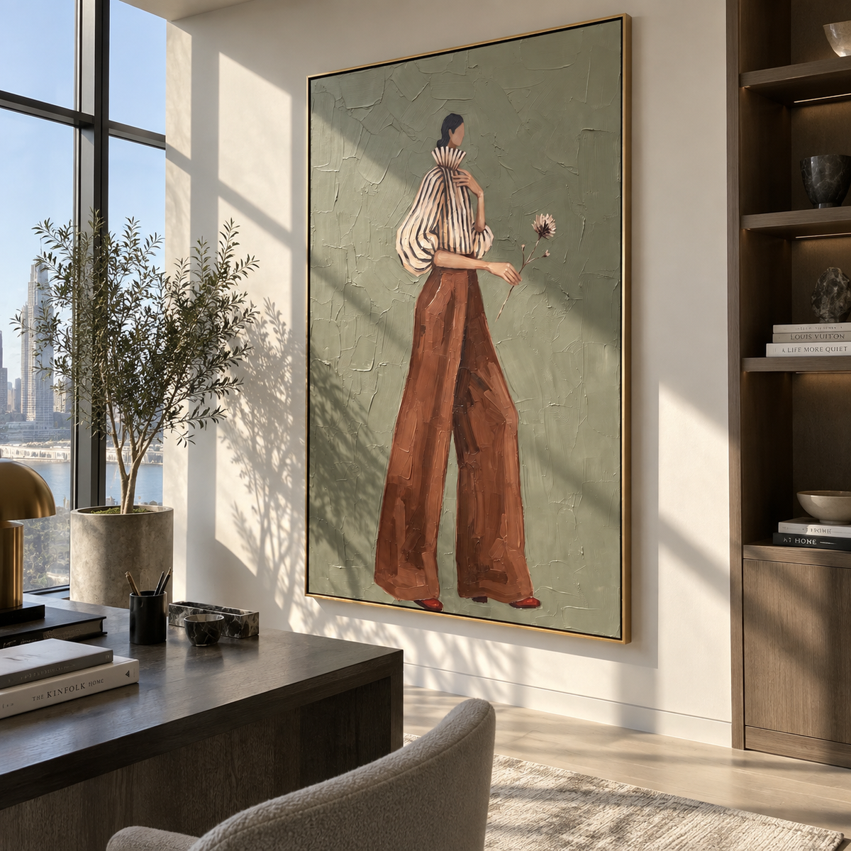 Striped Blouse Dandelion Walk focuses on the specific fashion figure shown in the artwork: profile walking woman with striped blouse, sculptural cream sleeve, rust wide-leg pants, and a small dandelion held forward. The image is built around elongated trousers, a compact upper-body pose, sculptural sleeve volume, small accessory detail, and a quiet studio background. The beige, brown, green palette keeps the mood refined while the raised texture and visible brushwork make the surface feel