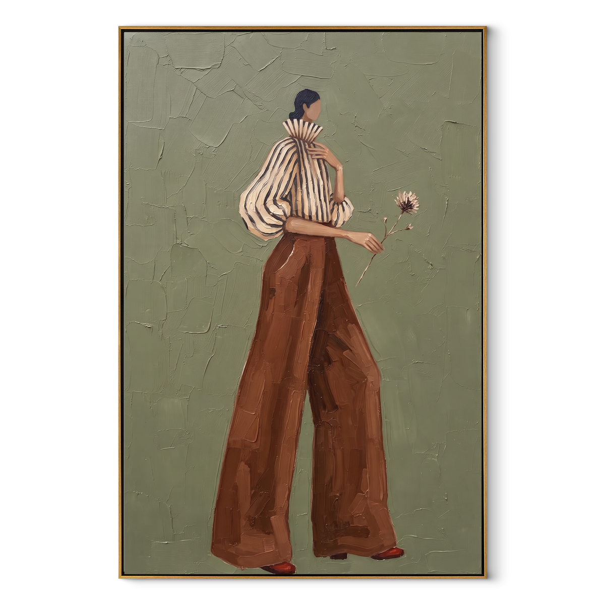 Striped Blouse Dandelion Walk focuses on the specific fashion figure shown in the artwork: profile walking woman with striped blouse, sculptural cream sleeve, rust wide-leg pants, and a small dandelion held forward. The image is built around elongated trousers, a compact upper-body pose, sculptural sleeve volume, small accessory detail, and a quiet studio background. The beige, brown, green palette keeps the mood refined while the raised texture and visible brushwork make the surface feel