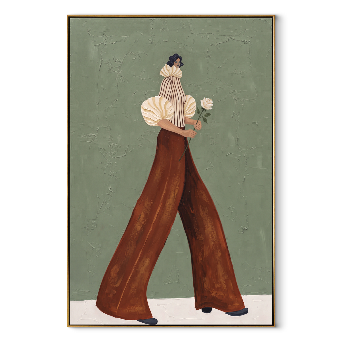 Cream Sleeve Flower Stroll focuses on the specific fashion figure shown in the artwork: walking woman with a cream puff sleeve, striped top, rust palazzo pants, and a white flower carried at her side. The image is built around elongated trousers, a compact upper-body pose, sculptural sleeve volume, small accessory detail, and a quiet studio background. The beige, brown, green palette keeps the mood refined while the raised texture and visible brushwork make the surface feel handmade rather than