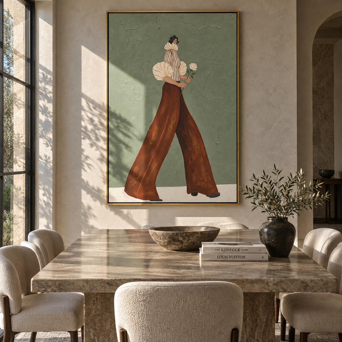 Cream Sleeve Flower Stroll focuses on the specific fashion figure shown in the artwork: walking woman with a cream puff sleeve, striped top, rust palazzo pants, and a white flower carried at her side. The image is built around elongated trousers, a compact upper-body pose, sculptural sleeve volume, small accessory detail, and a quiet studio background. The beige, brown, green palette keeps the mood refined while the raised texture and visible brushwork make the surface feel handmade rather than