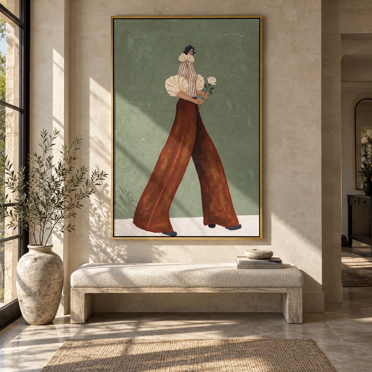 Cream Sleeve Flower Stroll focuses on the specific fashion figure shown in the artwork: walking woman with a cream puff sleeve, striped top, rust palazzo pants, and a white flower carried at her side. The image is built around elongated trousers, a compact upper-body pose, sculptural sleeve volume, small accessory detail, and a quiet studio background. The beige, brown, green palette keeps the mood refined while the raised texture and visible brushwork make the surface feel handmade rather than
