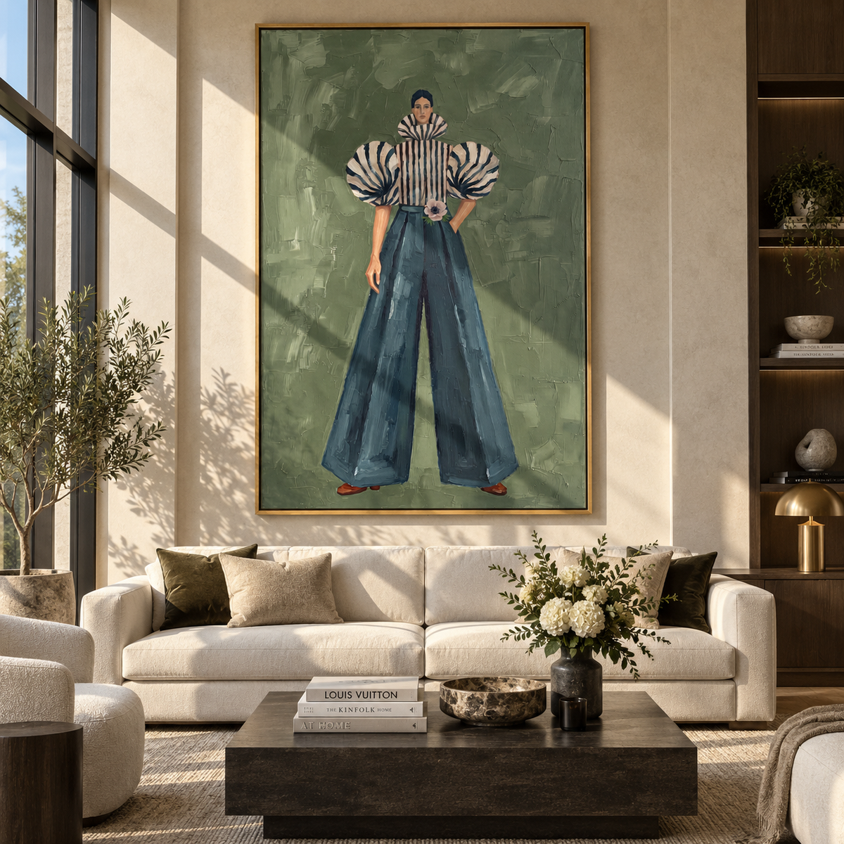 Zebra Sleeve Denim Pose focuses on the specific fashion figure shown in the artwork: front-facing fashion figure wearing zebra striped sculptural sleeves and deep blue wide-leg denim pants. The image is built around elongated trousers, a compact upper-body pose, sculptural sleeve volume, small accessory detail, and a quiet studio background. The blue, black, beige palette keeps the mood refined while the raised texture and visible brushwork make the surface feel handmade rather than printed.