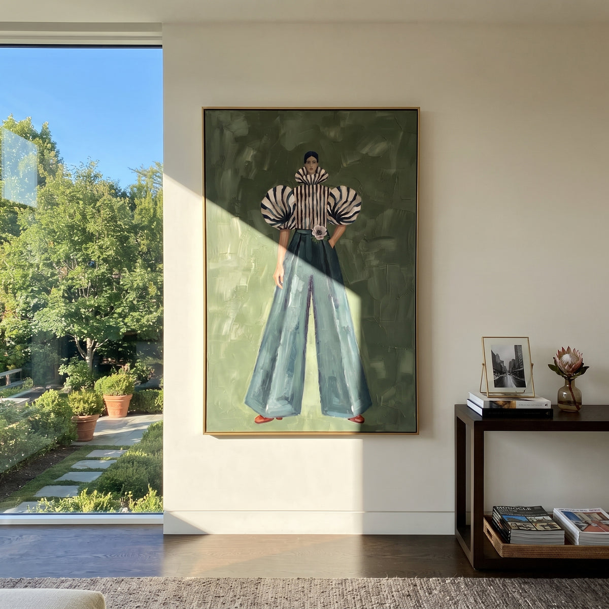 Zebra Sleeve Denim Pose focuses on the specific fashion figure shown in the artwork: front-facing fashion figure wearing zebra striped sculptural sleeves and deep blue wide-leg denim pants. The image is built around elongated trousers, a compact upper-body pose, sculptural sleeve volume, small accessory detail, and a quiet studio background. The blue, black, beige palette keeps the mood refined while the raised texture and visible brushwork make the surface feel handmade rather than printed.