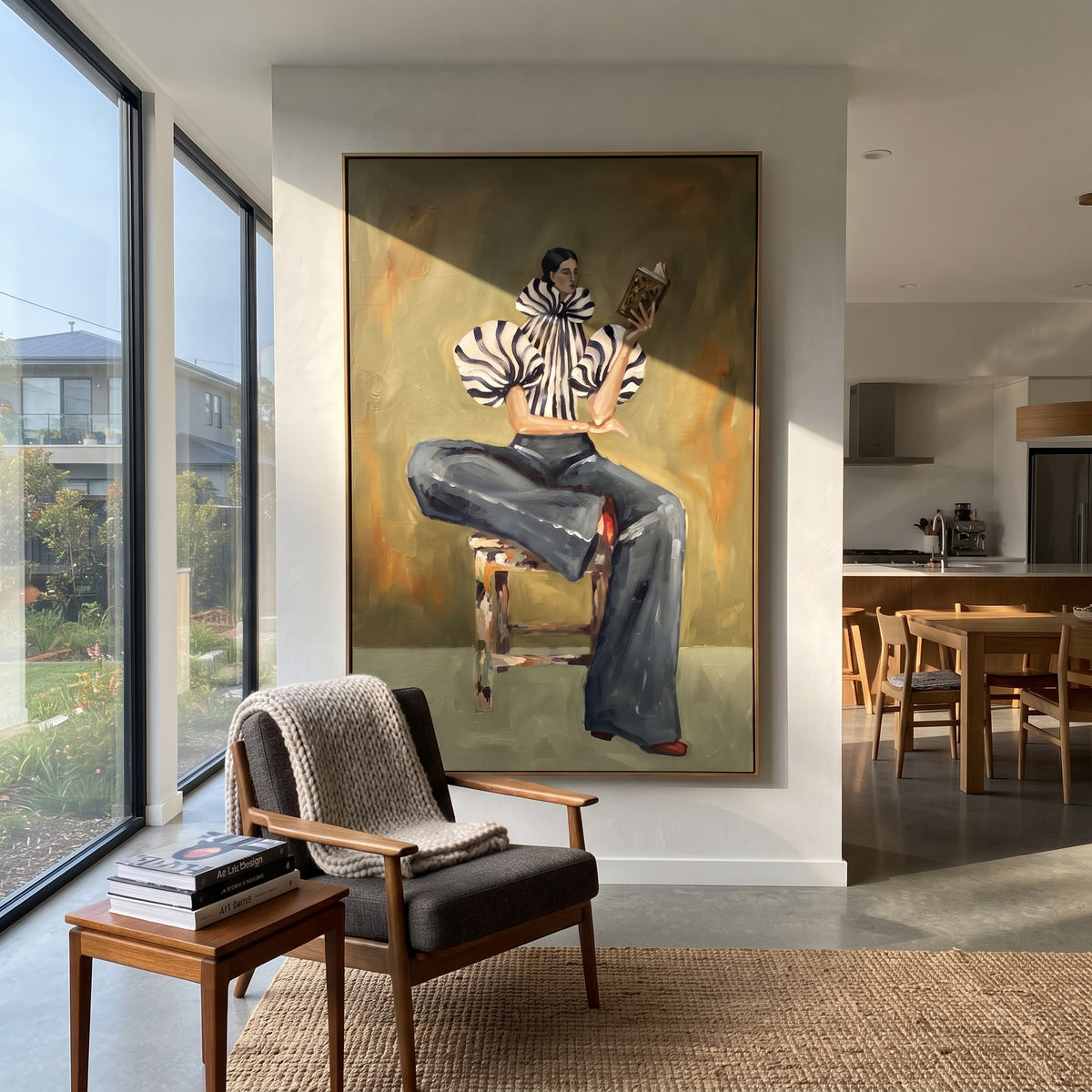 Seated Zebra Sleeve Reader focuses on the specific fashion figure shown in the artwork: seated woman in zebra striped sleeves and dark cropped trousers reading a patterned magazine. The image is built around elongated trousers, a compact upper-body pose, sculptural sleeve volume, small accessory detail, and a quiet studio background. The black, beige, green palette keeps the mood refined while the raised texture and visible brushwork make the surface feel handmade rather than printed. This