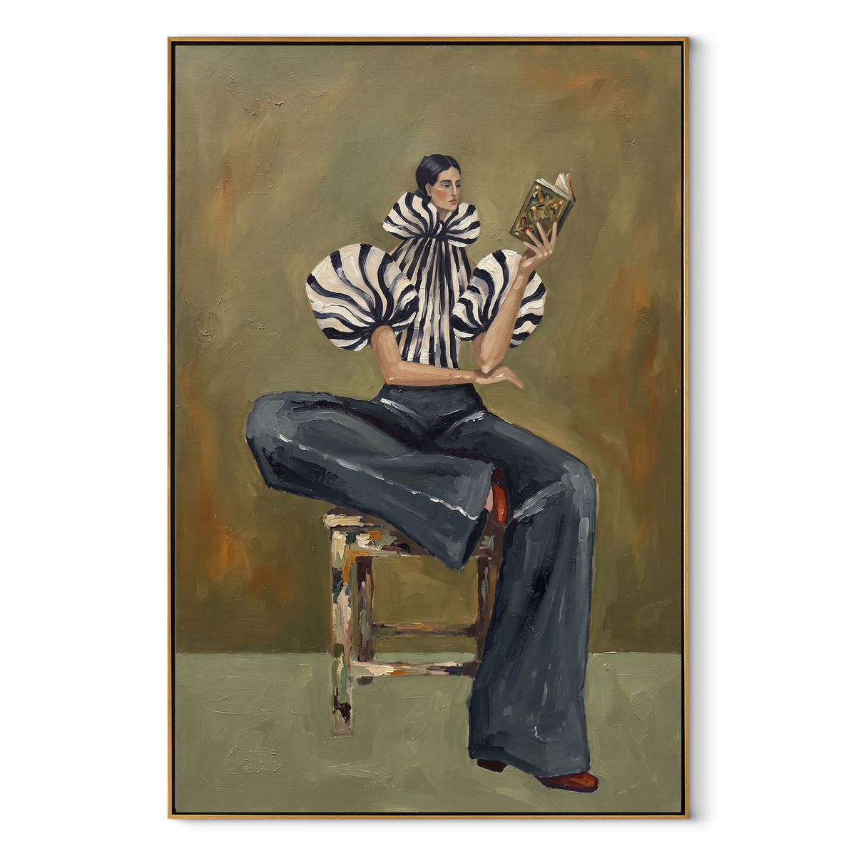 Seated Zebra Sleeve Reader focuses on the specific fashion figure shown in the artwork: seated woman in zebra striped sleeves and dark cropped trousers reading a patterned magazine. The image is built around elongated trousers, a compact upper-body pose, sculptural sleeve volume, small accessory detail, and a quiet studio background. The black, beige, green palette keeps the mood refined while the raised texture and visible brushwork make the surface feel handmade rather than printed. This