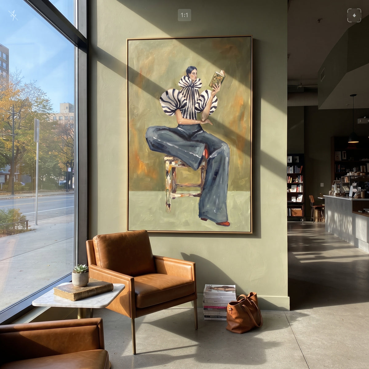 Seated Zebra Sleeve Reader focuses on the specific fashion figure shown in the artwork: seated woman in zebra striped sleeves and dark cropped trousers reading a patterned magazine. The image is built around elongated trousers, a compact upper-body pose, sculptural sleeve volume, small accessory detail, and a quiet studio background. The black, beige, green palette keeps the mood refined while the raised texture and visible brushwork make the surface feel handmade rather than printed. This