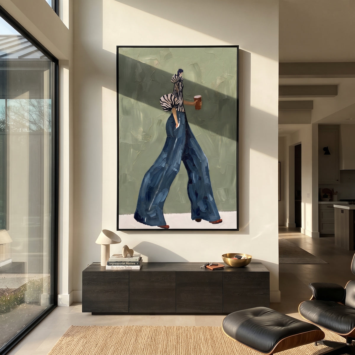 Blue Trousers Coffee Walk focuses on the specific fashion figure shown in the artwork: side-walking woman in zebra striped sleeves and flowing blue trousers holding a coffee cup. The image is built around elongated trousers, a compact upper-body pose, sculptural sleeve volume, small accessory detail, and a quiet studio background. The blue, beige, green palette keeps the mood refined while the raised texture and visible brushwork make the surface feel handmade rather than printed. This
