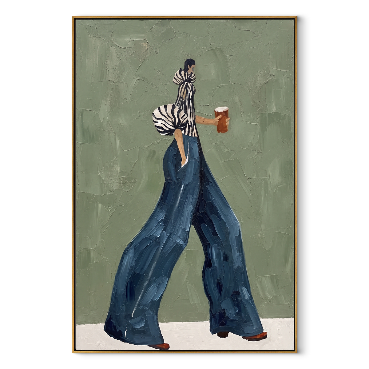 Blue Trousers Coffee Walk focuses on the specific fashion figure shown in the artwork: side-walking woman in zebra striped sleeves and flowing blue trousers holding a coffee cup. The image is built around elongated trousers, a compact upper-body pose, sculptural sleeve volume, small accessory detail, and a quiet studio background. The blue, beige, green palette keeps the mood refined while the raised texture and visible brushwork make the surface feel handmade rather than printed. This