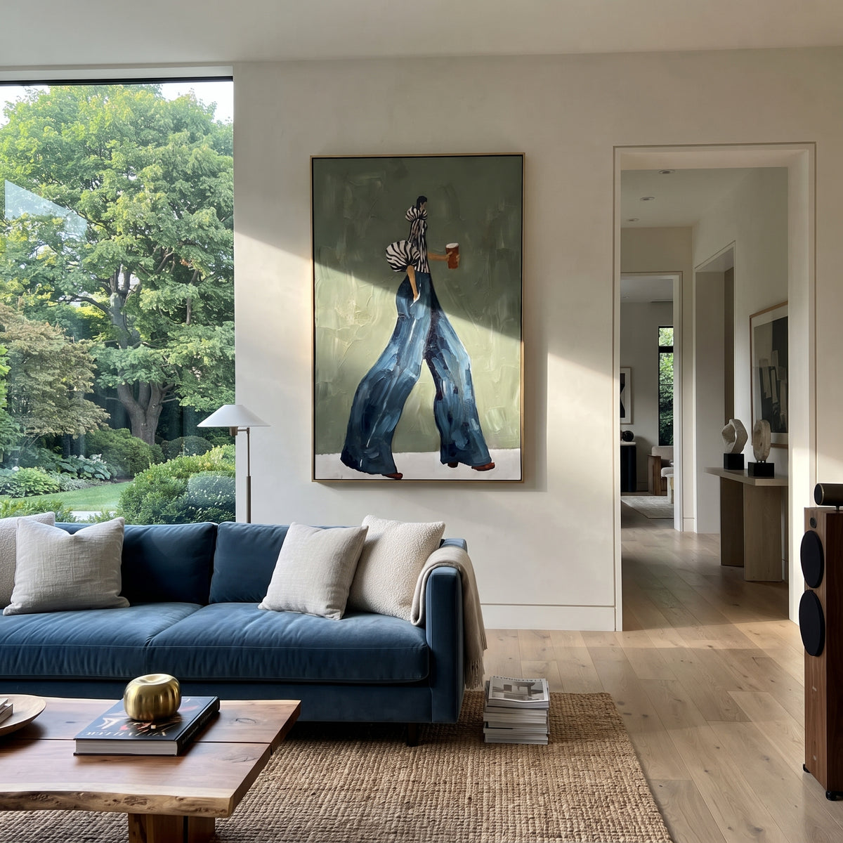 Blue Trousers Coffee Walk focuses on the specific fashion figure shown in the artwork: side-walking woman in zebra striped sleeves and flowing blue trousers holding a coffee cup. The image is built around elongated trousers, a compact upper-body pose, sculptural sleeve volume, small accessory detail, and a quiet studio background. The blue, beige, green palette keeps the mood refined while the raised texture and visible brushwork make the surface feel handmade rather than printed. This