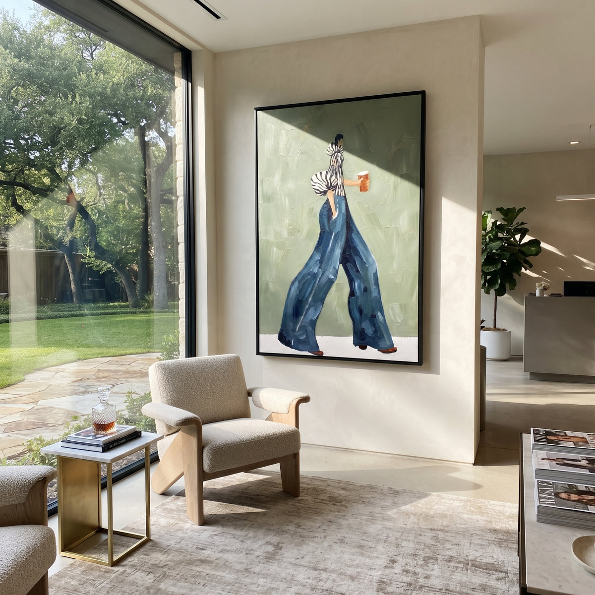 Blue Trousers Coffee Walk focuses on the specific fashion figure shown in the artwork: side-walking woman in zebra striped sleeves and flowing blue trousers holding a coffee cup. The image is built around elongated trousers, a compact upper-body pose, sculptural sleeve volume, small accessory detail, and a quiet studio background. The blue, beige, green palette keeps the mood refined while the raised texture and visible brushwork make the surface feel handmade rather than printed. This