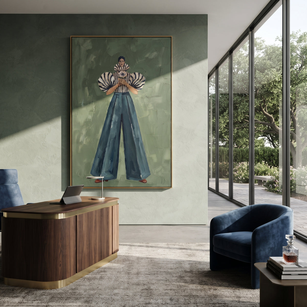 Centered Denim Zebra Sleeve focuses on the specific fashion figure shown in the artwork: centered woman with zebra puff sleeves, striped blouse, and full blue denim trousers holding a small flower. The image is built around elongated trousers, a compact upper-body pose, sculptural sleeve volume, small accessory detail, and a quiet studio background. The blue, beige, green palette keeps the mood refined while the raised texture and visible brushwork make the surface feel handmade rather than