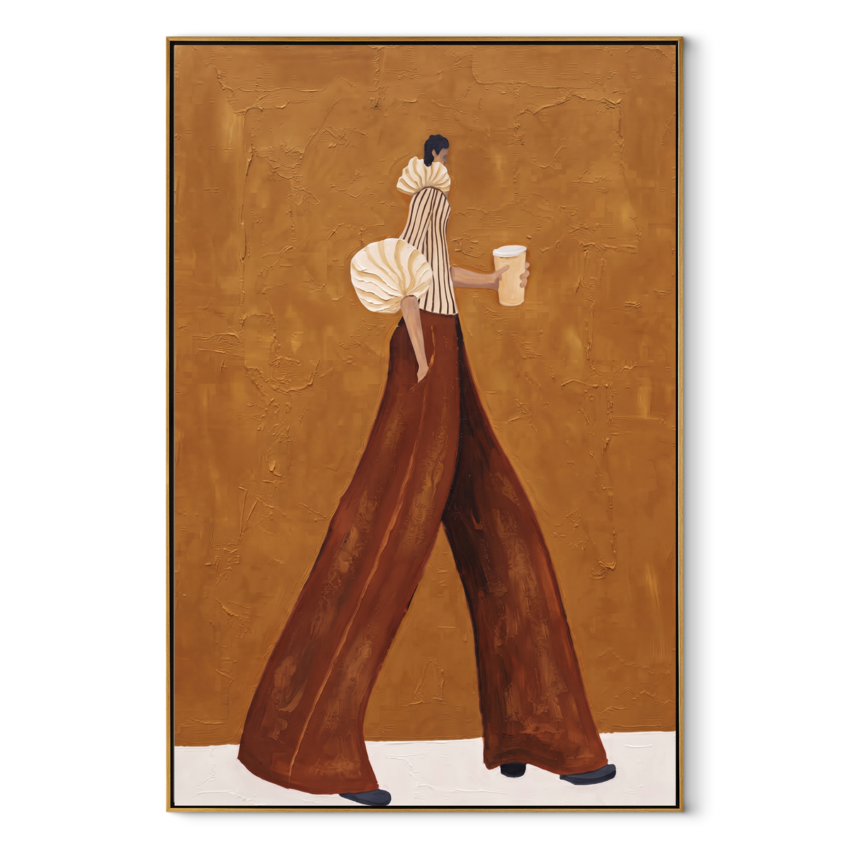 Rust Pants Coffee Stride focuses on the specific fashion figure shown in the artwork: walking woman with cream puff sleeve, striped blouse, rust trousers, and a takeaway coffee cup. The image is built around elongated trousers, a compact upper-body pose, sculptural sleeve volume, small accessory detail, and a quiet studio background. The brown, beige, yellow palette keeps the mood refined while the raised texture and visible brushwork make the surface feel handmade rather than printed. This