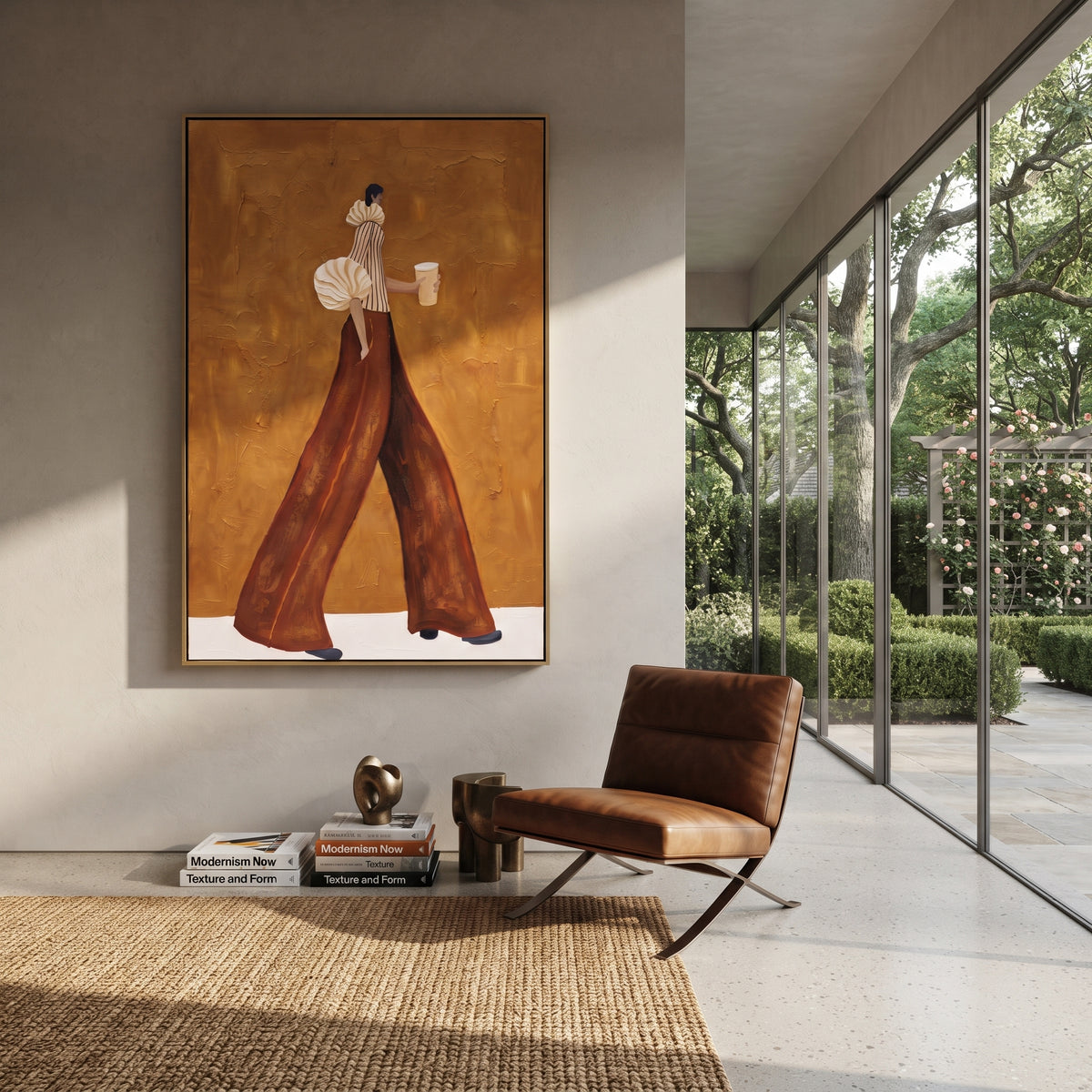 Rust Pants Coffee Stride focuses on the specific fashion figure shown in the artwork: walking woman with cream puff sleeve, striped blouse, rust trousers, and a takeaway coffee cup. The image is built around elongated trousers, a compact upper-body pose, sculptural sleeve volume, small accessory detail, and a quiet studio background. The brown, beige, yellow palette keeps the mood refined while the raised texture and visible brushwork make the surface feel handmade rather than printed. This